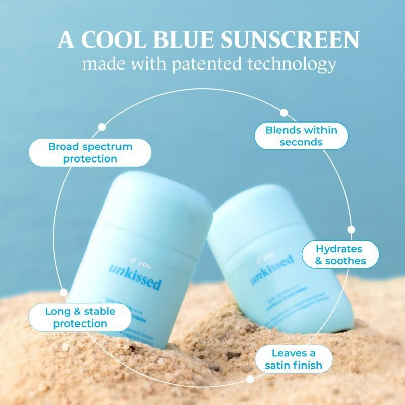d'you Unkissed Serum Sunscreen SPF 50 PA++++ bottle with pump dispenser, lightweight and hydrating skincare product.
