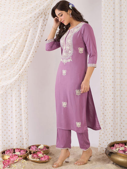 Floral Embroidered Thread Work Yoke Design Round Neck Straight Kurta With Trouser