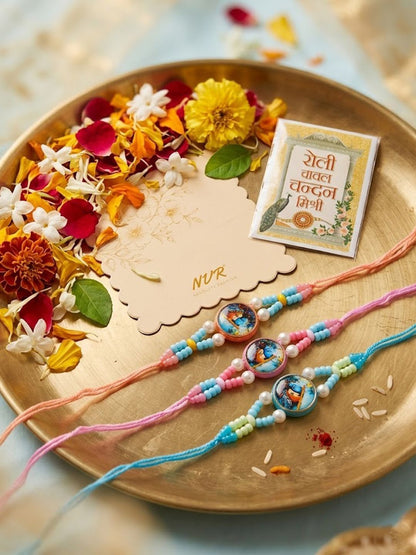 Anouk Set Of 3 Radha Krishna Thread Rakhi With Roli Chawal Chandan Mishri