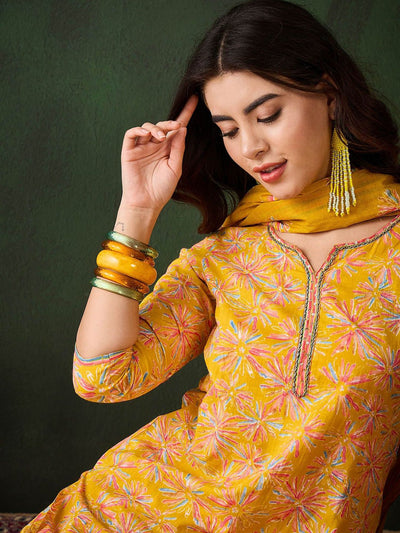 Indyancart SN Women's Floral Printed Sequinned V-Neck Straight Kurta & Trouser With Dupatta