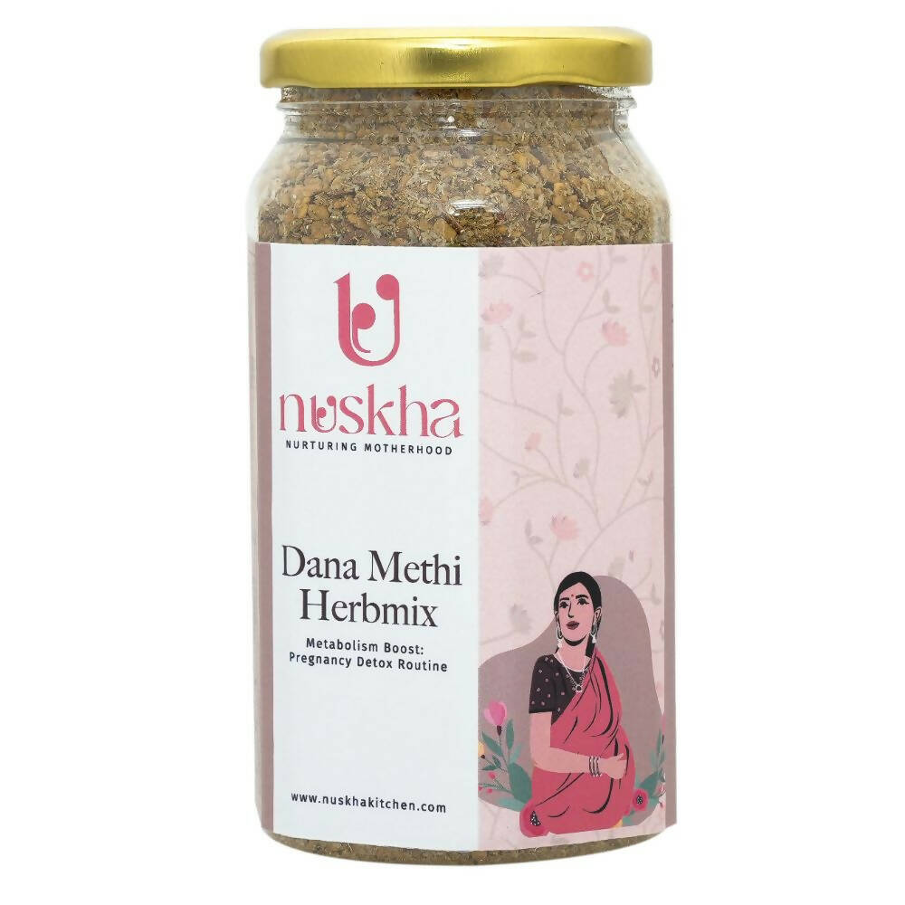Nuskha Dana Methi Herbmix health drink in a glass, featuring fresh herbs and seeds, promoting wellness and natural health benefits.