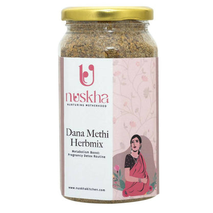 Nuskha Dana Methi Herbmix health drink in a glass, featuring fresh herbs and seeds, promoting wellness and natural health benefits.
