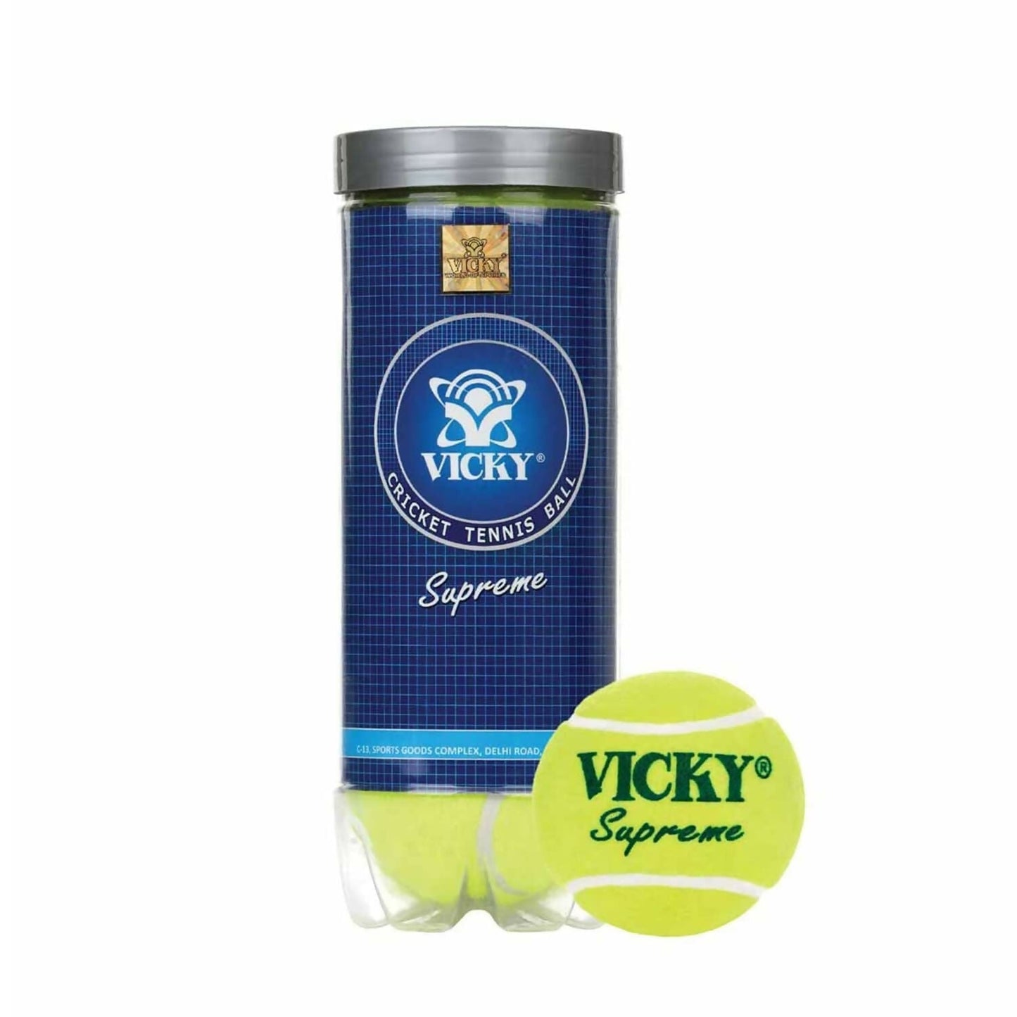 Vicky Supreme yellow tennis and cricket ball with heavy, durable rubber construction for versatile sports use.