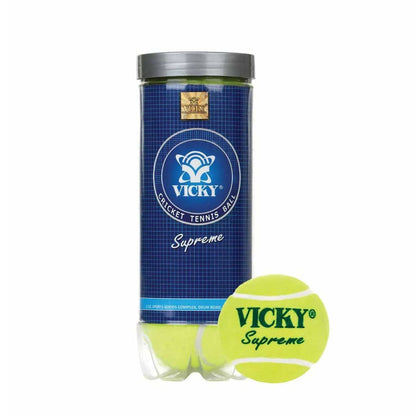 Vicky Supreme yellow tennis and cricket ball with heavy, durable rubber construction for versatile sports use.