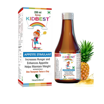 HealthBest Kidbest appetite stimulant syrup for kids, showing a bottle with a child-friendly label and measuring spoon.