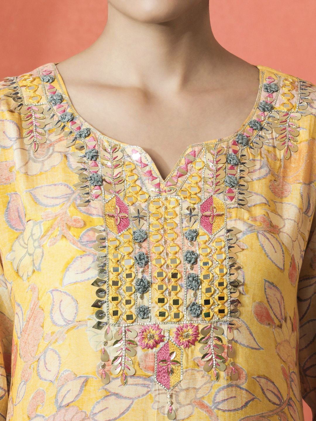 Indyancart SN Women's Floral Embroidered V-Neck Mirror Work Cotton Straight Kurta With Trouser & Dupatta