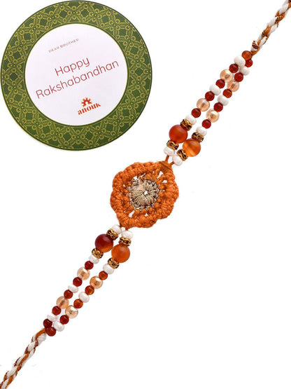 Anouk Brown Wool Knitted & Beaded Rakhi With Roli Chawal & Greeting Card