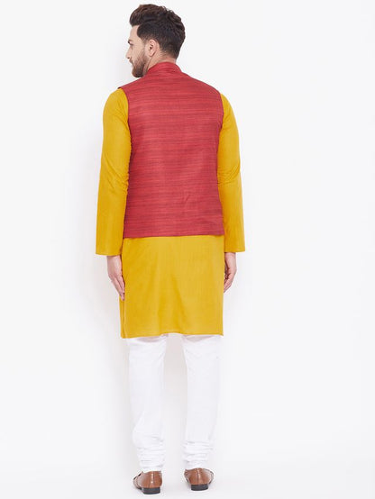 Men's Mustard Cotton Blend Straight Jacket  Kurta and Pyjama Set