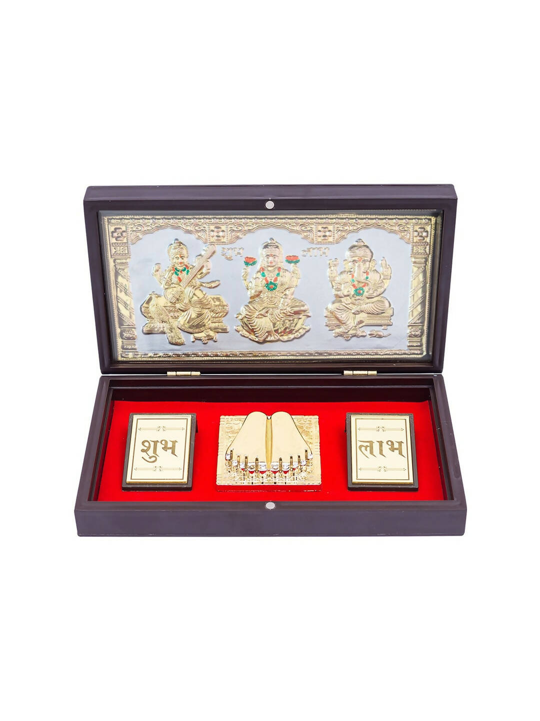 Golden Peacock 24 KT Gold Plated Laxmi, Ganesha, Saraswati Pooja Box - Indyancart