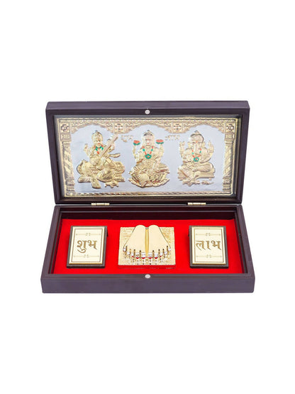 Golden Peacock 24 KT Gold Plated Laxmi, Ganesha, Saraswati Pooja Box - Indyancart