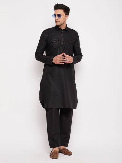 Men's Black Cotton Blend Pathani Pathani Kurta Set