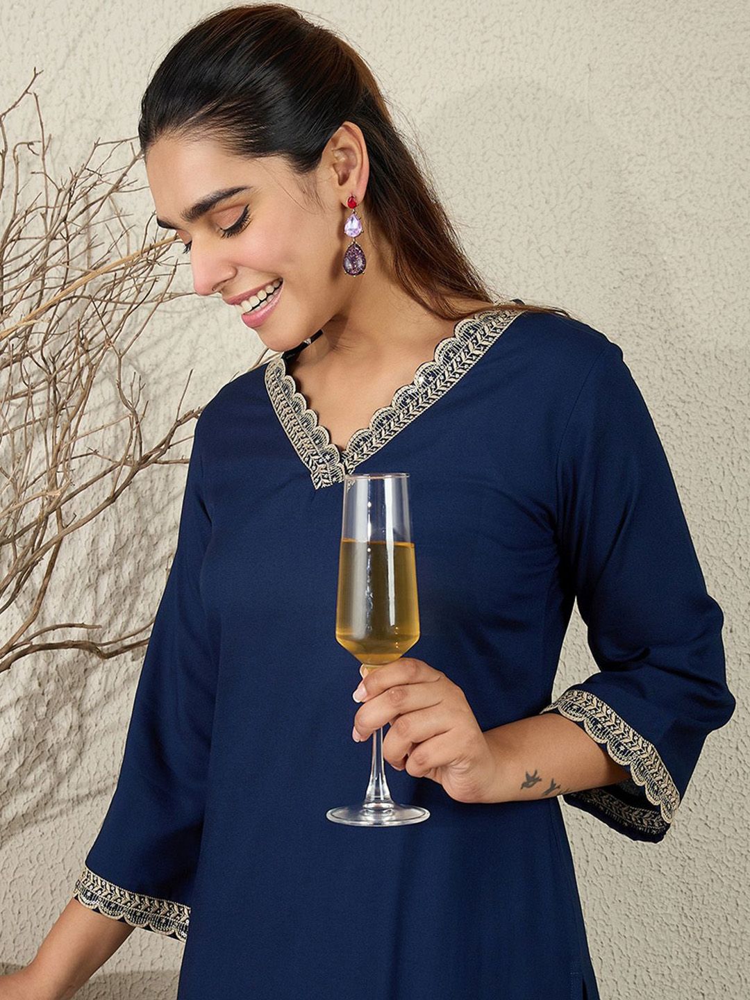 Women Ethnic Motifs Embroidered V-Neck Regular Sequinned Kurta with Trousers