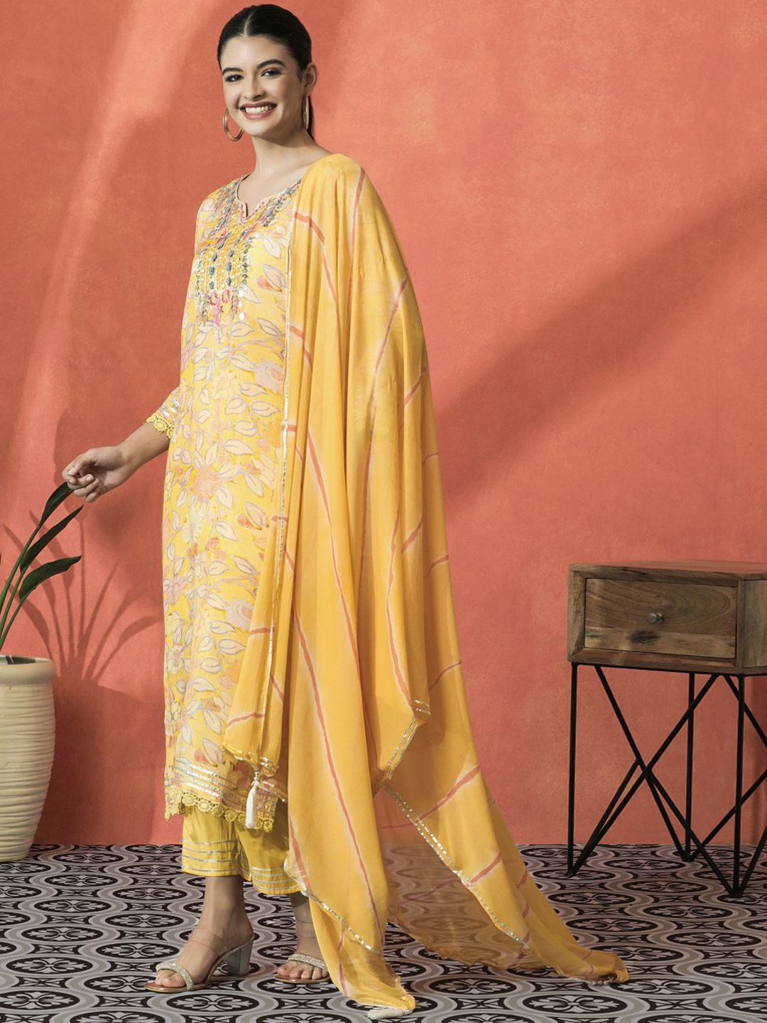 Indyancart SN Women's Floral Embroidered V-Neck Mirror Work Cotton Straight Kurta With Trouser & Dupatta