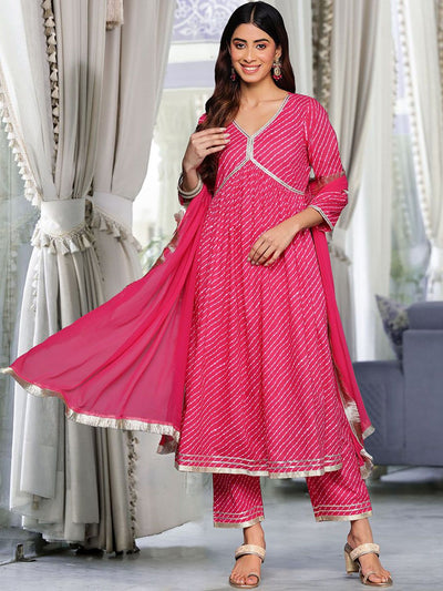 Indyancart VA Women's Leheriya Printed Pleated Gotta Patti Pure Cotton Kurta with Trousers & With Dupatta