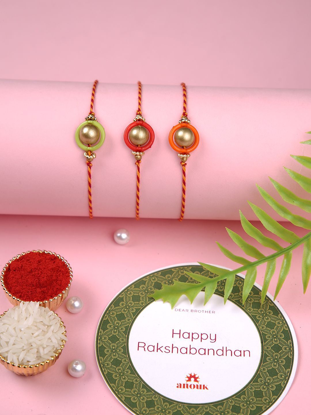 Anouk Gold Toned Set Of 3 Beaded Thread Rakhis With Roli Chawal & Greeting Card