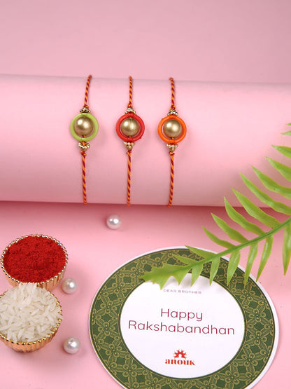 Anouk Gold Toned Set Of 3 Beaded Thread Rakhis With Roli Chawal & Greeting Card