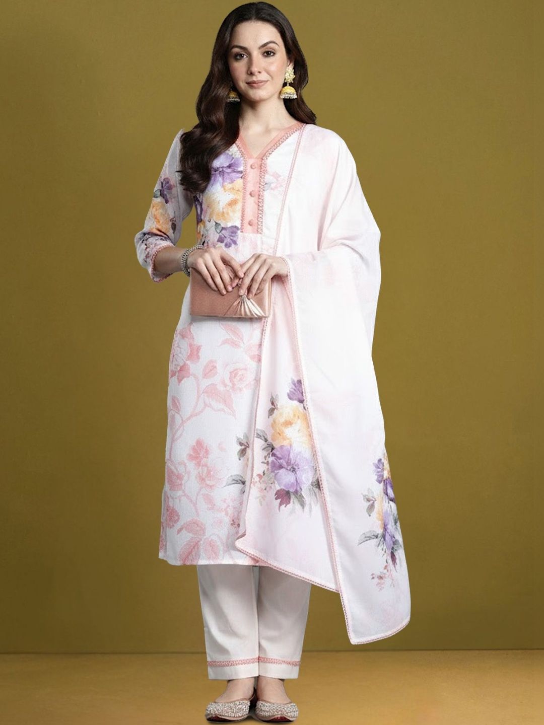 Women Floral Printed Regular Linen Kurta with Trousers & With Dupatta