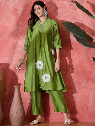 Indyancart SN Women's Floral Embroidered V-Neck Mirror Work A-Line Kurta With Palazzo
