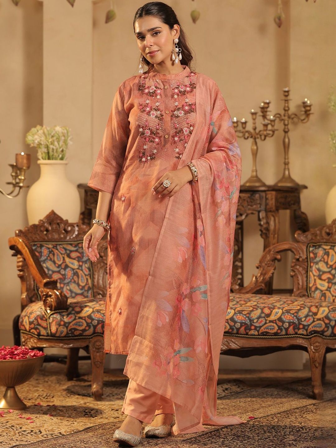 Floral Embroidered Thread Work Kurta with Trouser & With Dupatta