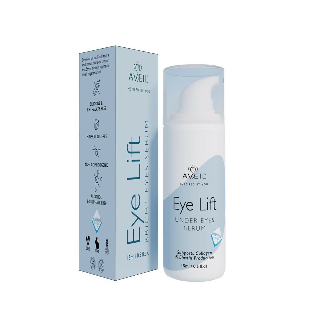 Aveil Eye Lift Under Eyes Serum showing a sleek bottle with applicator, designed to smooth fine lines and reduce wrinkles around the eyes.