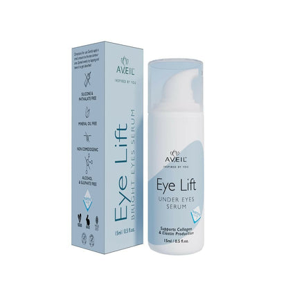 Aveil Eye Lift Under Eyes Serum showing a sleek bottle with applicator, designed to smooth fine lines and reduce wrinkles around the eyes.