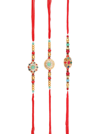 Anouk Set Of 3 Gold-Toned Kundan-Studded & Beaded Rakhi With Roli Rice & Greeting Card
