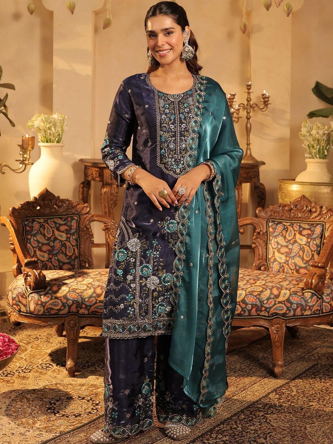 Women Ethnic Motifs Embroidered Kurta with Palazzos & Dupatta