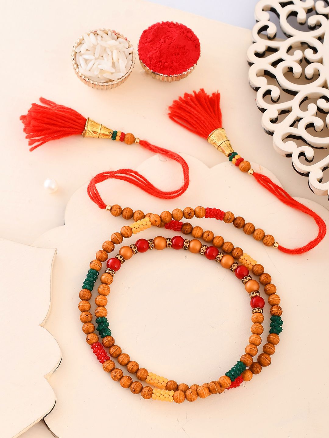Anouk Red Stone Studded & Beaded Thread Rakhi With Roli Chawal With Greeting Card