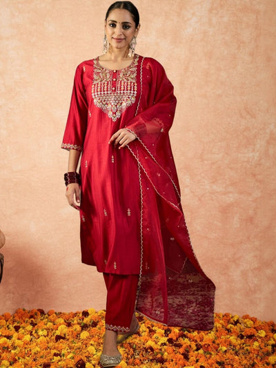 Indyancart IE Women Ethnic Motifs Embroidered Regular Sequinned Liva Kurta with Trousers & With Dupatta