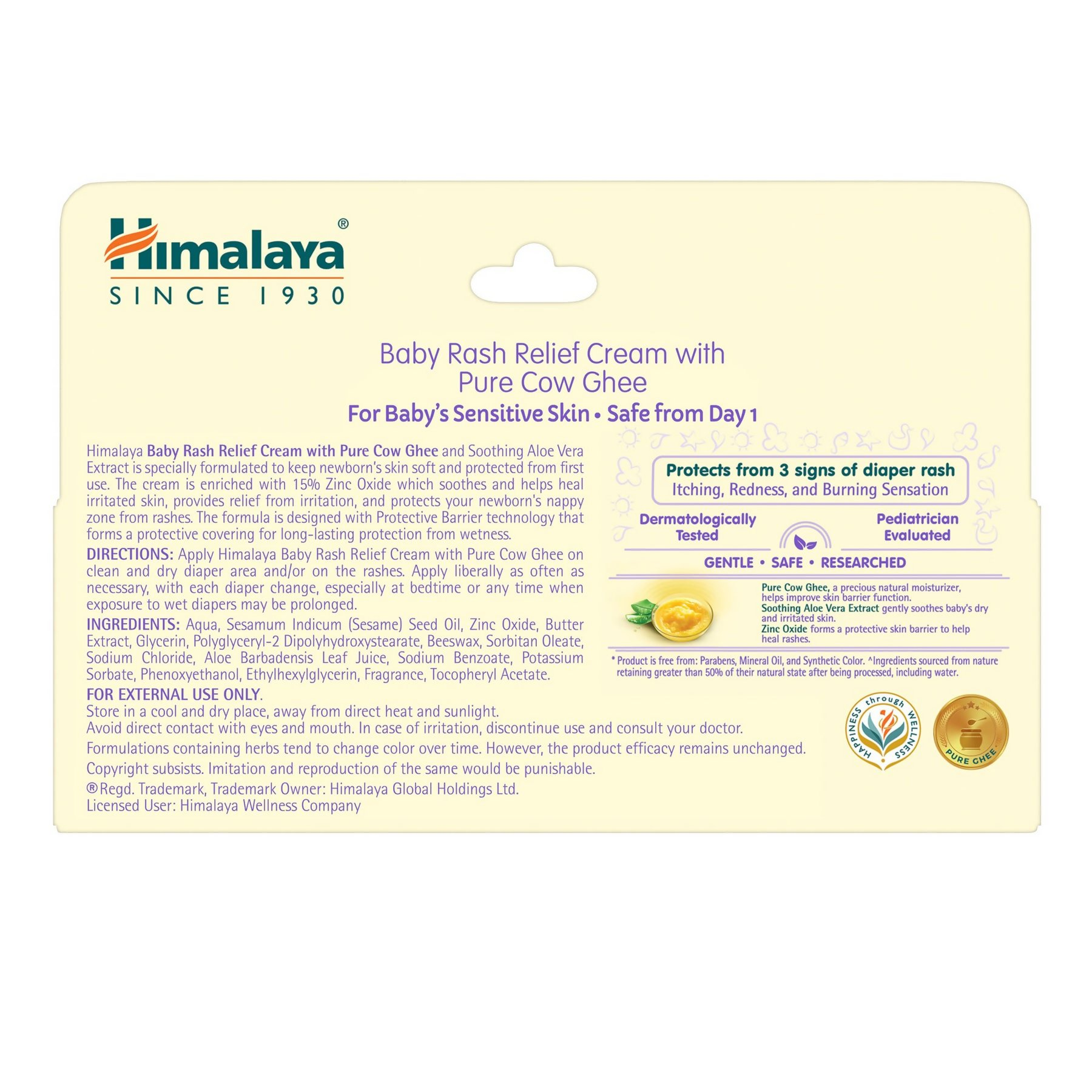Himalaya Herbals Baby Rash Relief Cream with pure cow ghee, shown in a tube packaging, designed for soothing baby skin.