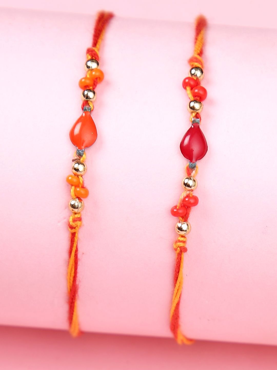 Anouk Orange Set Of 2 Beaded Thread Rakhis With Roli Chawal & Greeting Card
