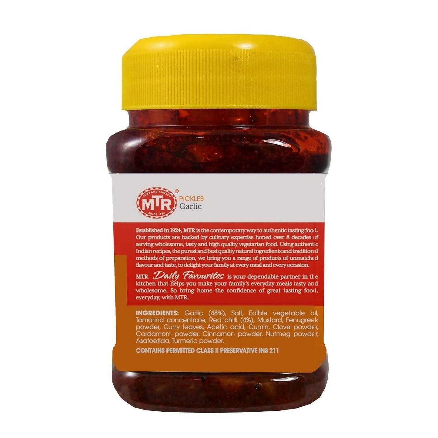 Jar of MTR North Indian Garlic Pickle with garlic cloves and spices in a glass container.