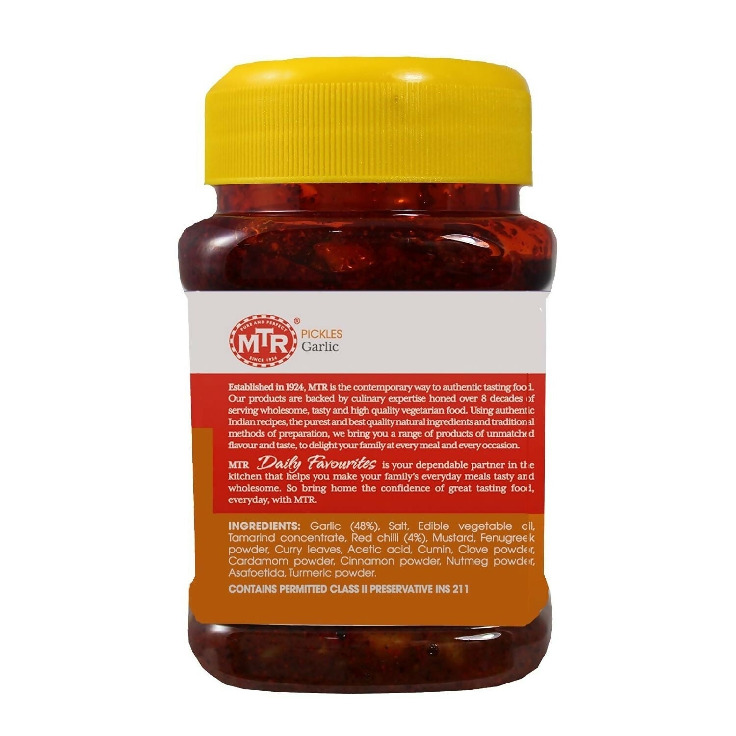 Jar of MTR North Indian Garlic Pickle with garlic cloves and spices in a glass container.