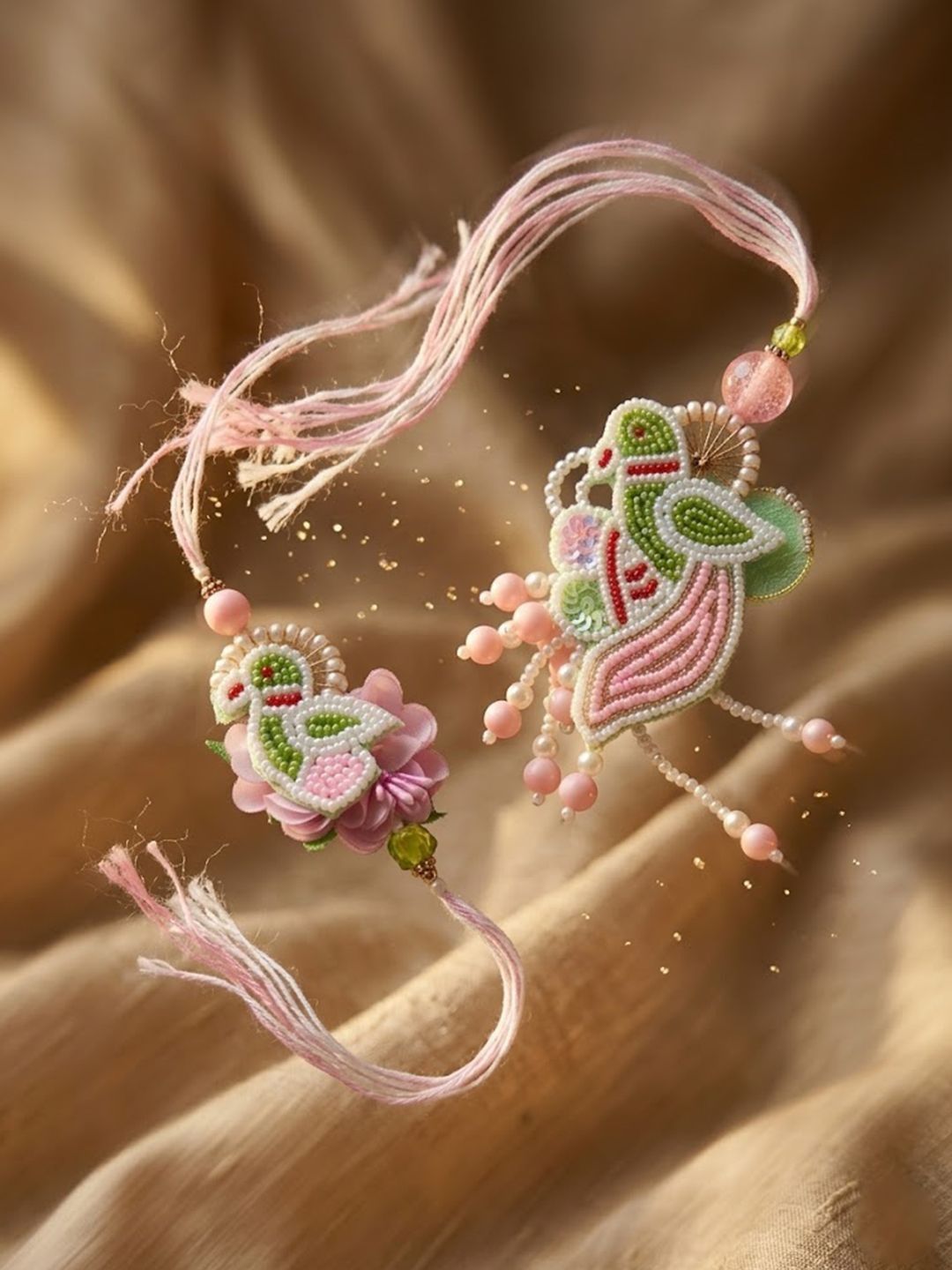 Anouk Set Of 2 Leaf Design Pearls & Artificial Stones Bhaiya Bhabhi Rakhi With Roli Chawal