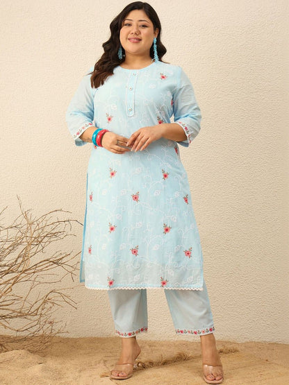 Indyancart Women's Floral Embroidered Regular Thread Work Pure Cotton Kurta with Trousers & With Dupatta