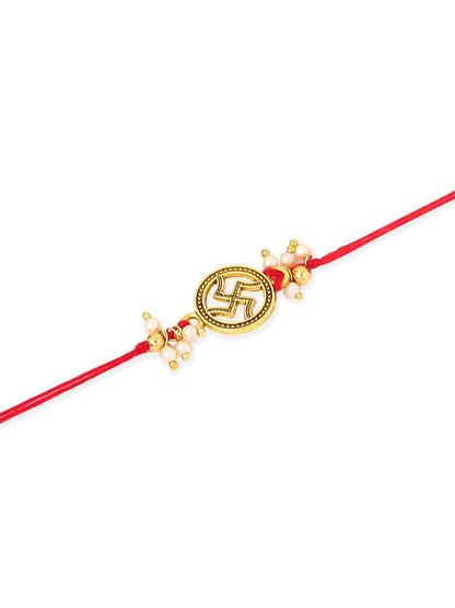 Anouk Men Set Of 2 Gold Toned Pearls Swastik Desgin Thread Rakhi With Roli Chawal