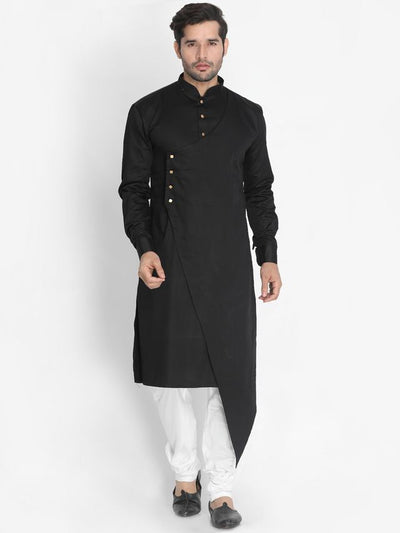 Men's Black Cotton Cotton Satin Asymmetric Kurta Pyjama Set