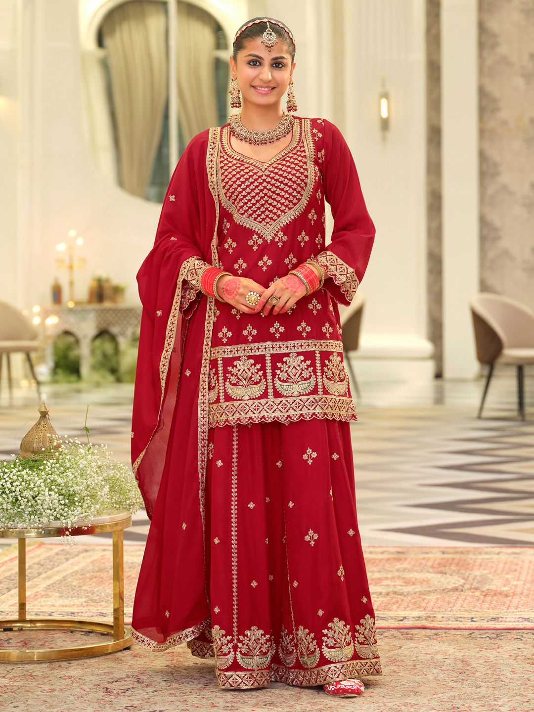 Ethnic Motifs Embroidered Kurta With Palazzos & Dupatta