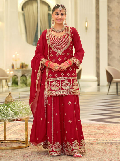 Ethnic Motifs Embroidered Kurta With Palazzos & Dupatta