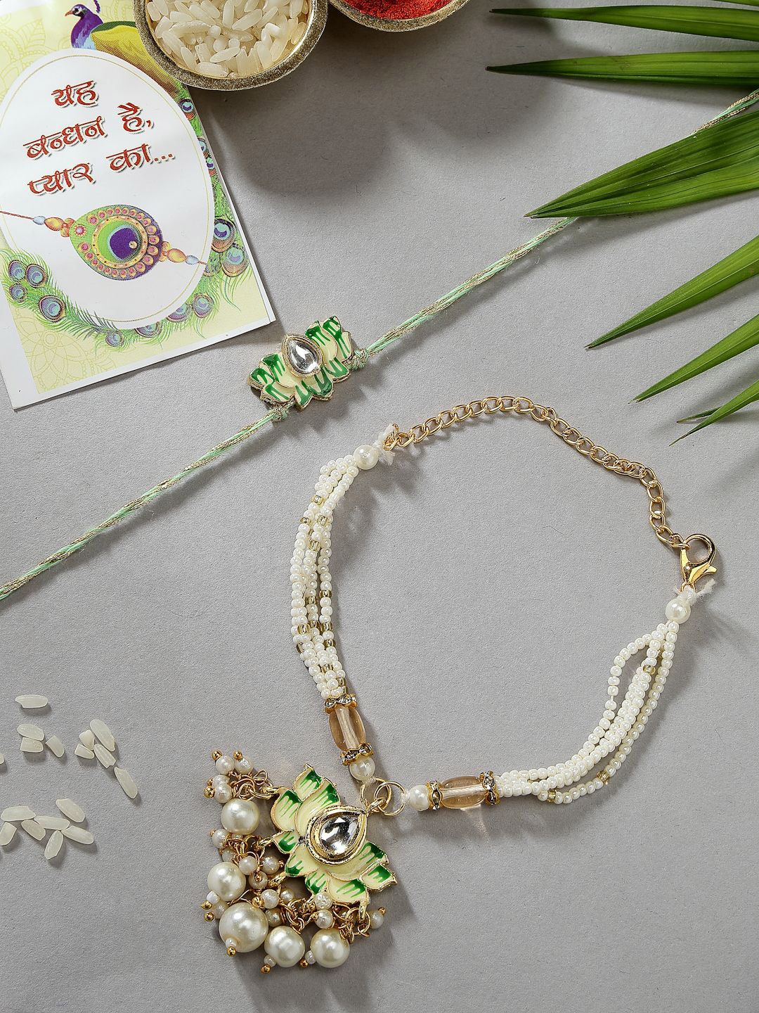 Anouk Kundan Studded And Beaded Lotus Shape Bhaiya Bhabhi Rakhis With Roli Chawal