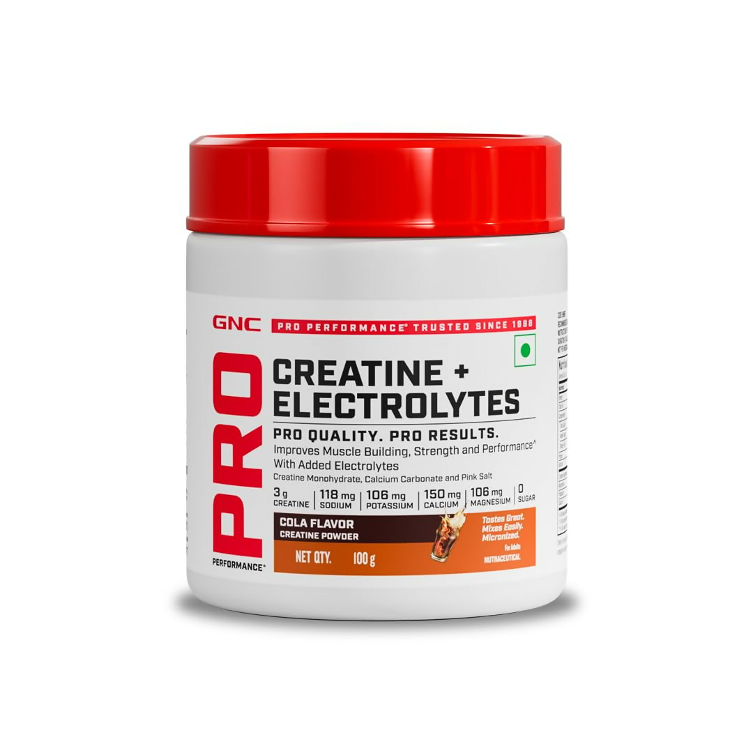 GNC Creatine+ Electrolytes Cola Ayurvedic protein powder container with label and product details.