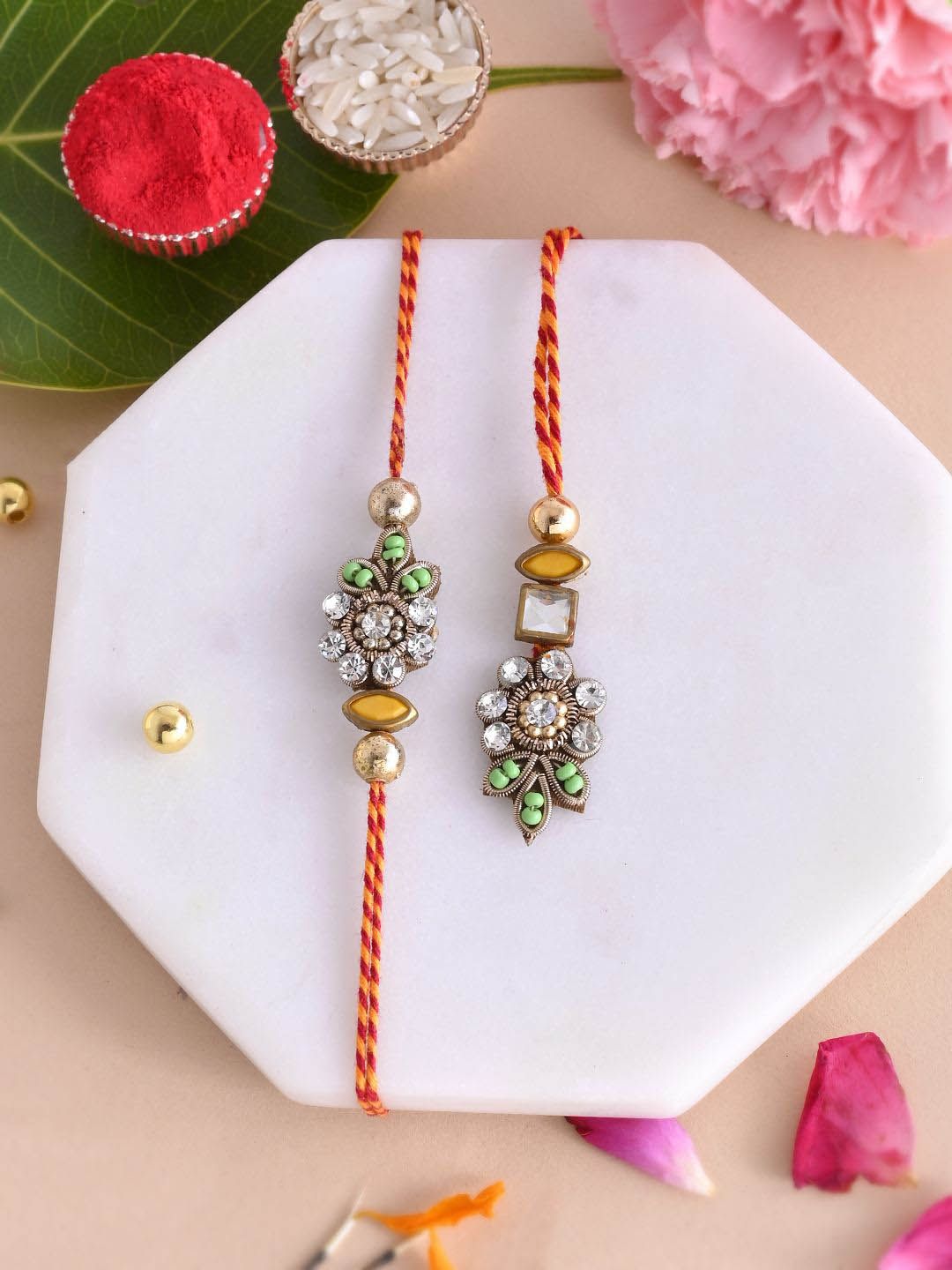 Anouk Kundan Studded Floral Bhaiya Bhabhi Thread Rakhi With Roli Chawal & Greetings Card