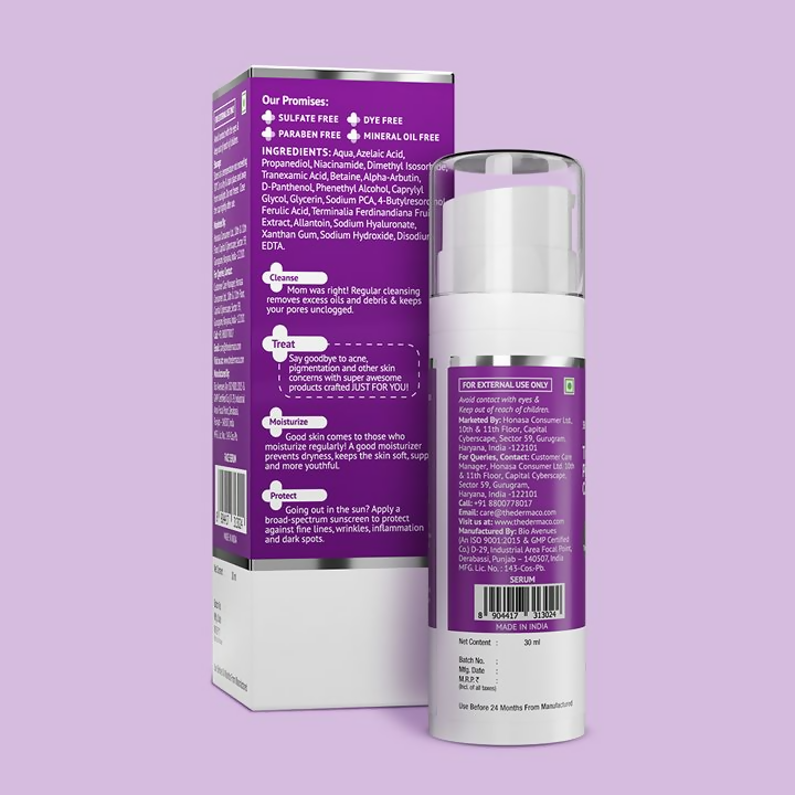 The Derma Co Tran-Zelaic pigmentation corrector serum with tranexamic acid and azelaic acid in a clear bottle with dropper applicator.