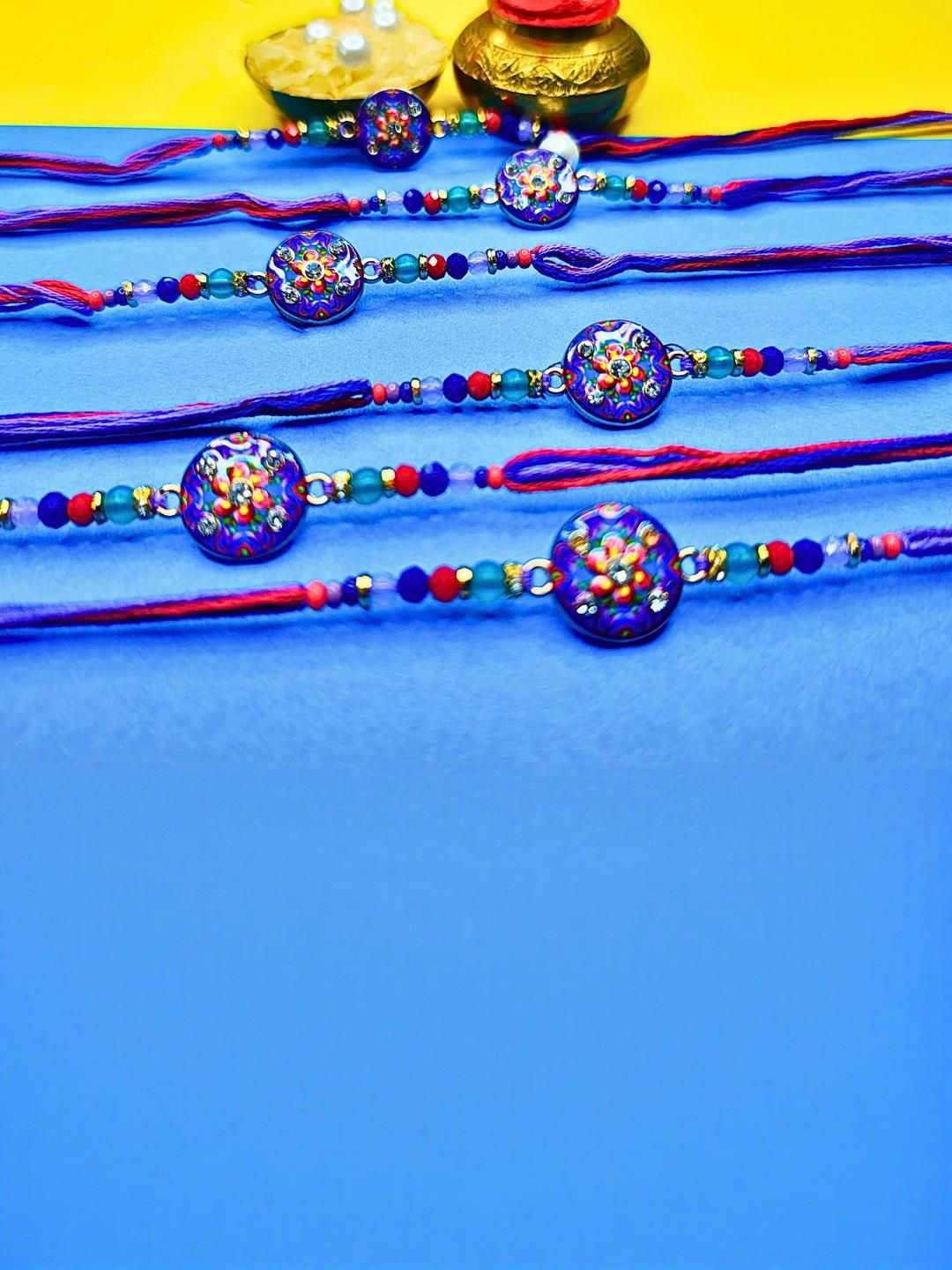 Anouk Set Of 6 Beaded Cotton Thread with AD Stones & Meenakari Designer Rakhi for Brother