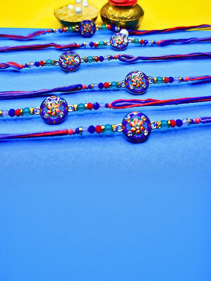Anouk Set Of 6 Beaded Cotton Thread with AD Stones & Meenakari Designer Rakhi for Brother