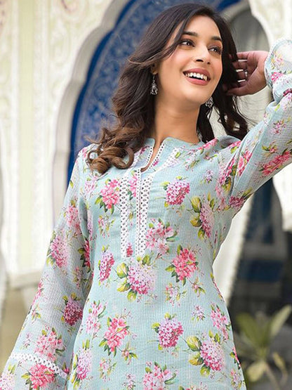 Indyancart VA Women'sFloral Printed Mandarin Collar Regular Kurta With Trousers