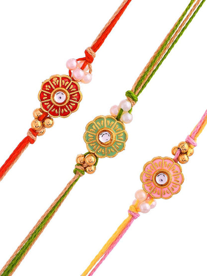 Anouk Red Set of 3 Kundan-Studded & Beaded Thread Rakhi