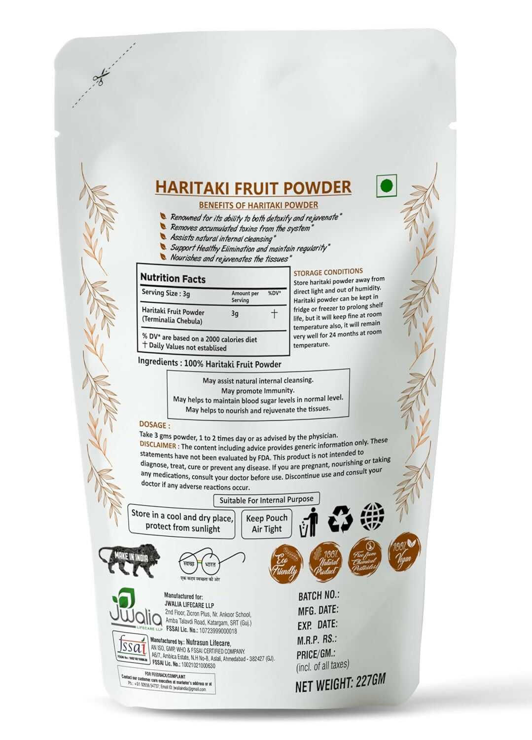 Myherb Organic Haritaki powder in a clear glass jar, showcasing the natural golden-brown Ayurvedic powder.