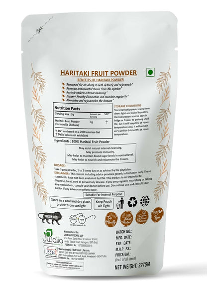 Myherb Organic Haritaki powder in a clear glass jar, showcasing the natural golden-brown Ayurvedic powder.
