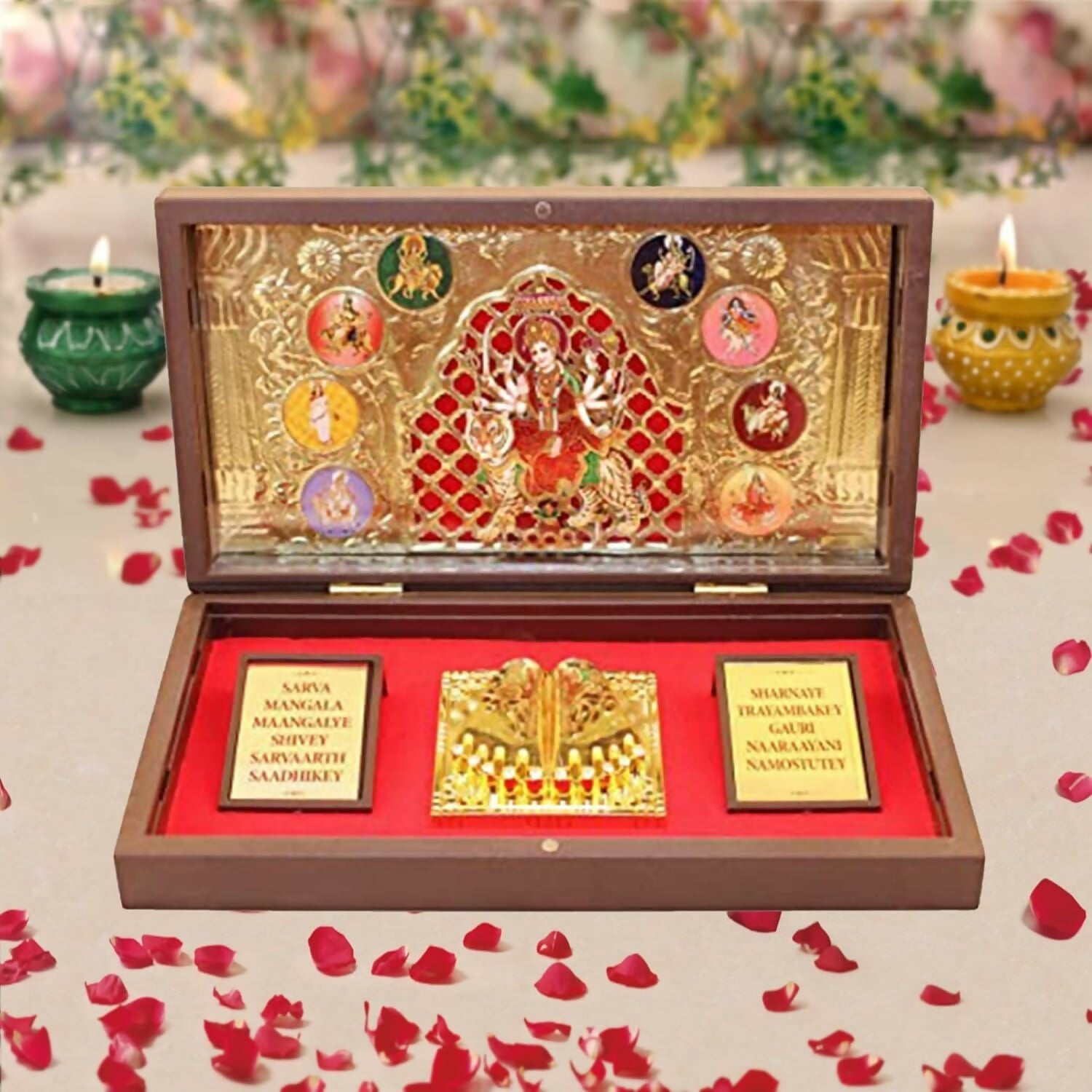 Gold-coated Durga Mata idol, intricately crafted god idol with detailed features, ideal for worship and spiritual offerings.